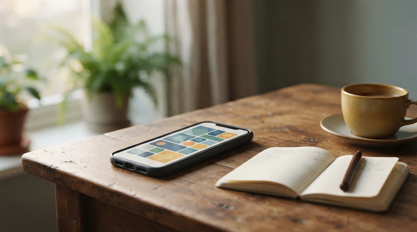 Smartphone appoggiato su una scrivania con una schermata astratta e luce morbida