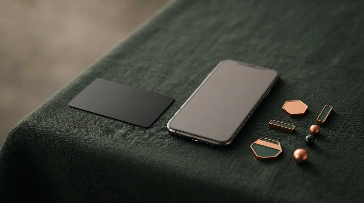 Carta neutra accanto a uno smartphone e piccoli oggetti geometrici su un tavolo