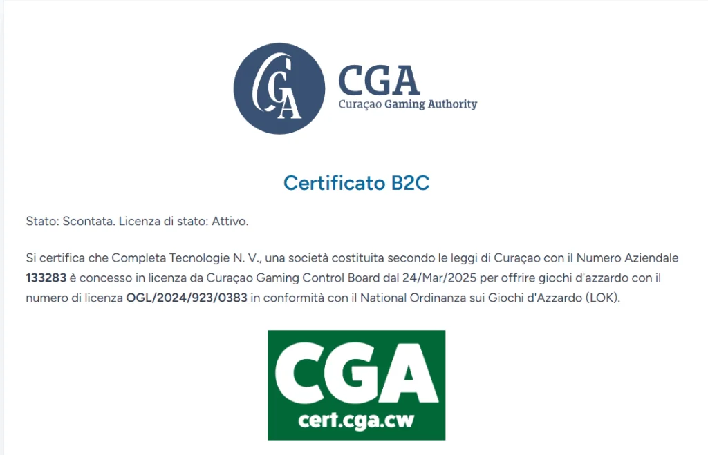 Scheda del certificato CGA con il titolare Complete Technologies N.V. e il numero della licenza WinSpirit