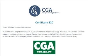 Scheda del certificato CGA con il titolare Complete Technologies N.V. e il numero della licenza WinSpirit