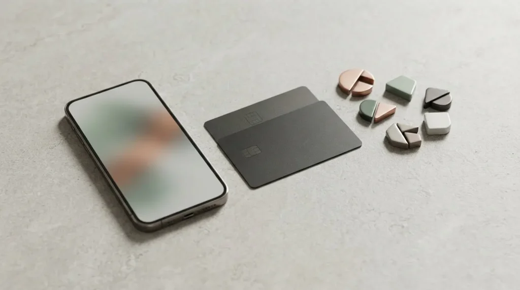 Smartphone e carta di pagamento disposti accanto a piccoli elementi geometrici che ricordano gettoni digitali