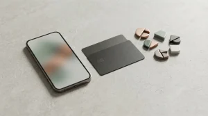 Smartphone e carta di pagamento disposti accanto a piccoli elementi geometrici che ricordano gettoni digitali
