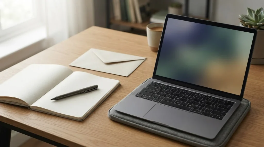 Quaderno aperto e laptop con pannello astratto su una scrivania ordinata