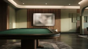 Tavolo da gioco vuoto accanto a uno schermo luminoso astratto in una sala tranquilla