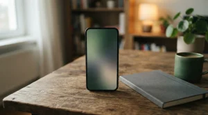 Smartphone appoggiato su una scrivania con schermo astratto e quaderno accanto